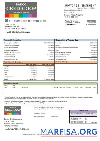 Printable Argentina Banco Credicoop bank mortgage statement scr sample